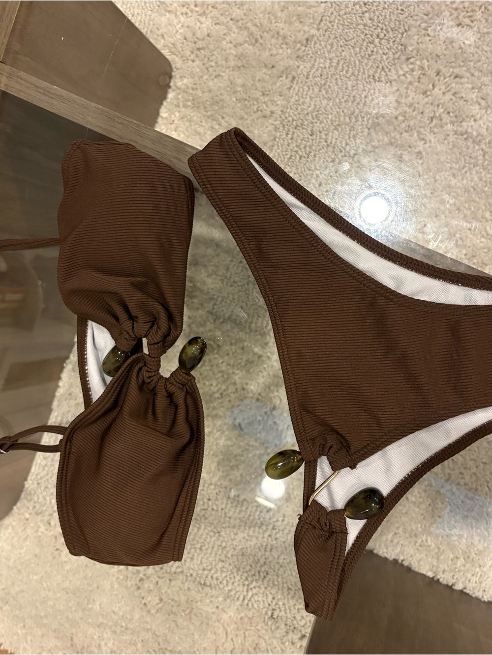 Commense Brown Ribbed Bikini Set with Bead Accents